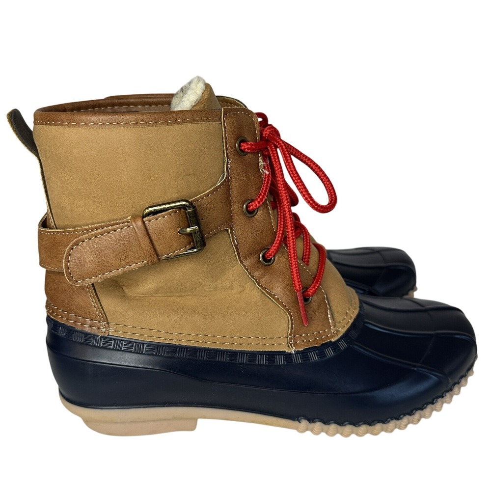 Dept 222 Grayson-0850 Women Ankle Duck Boots Navy Tan Red Lace Up Size 10M